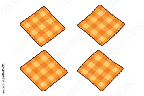 Orange gingham pattern vector set. Checkered tablecloth squares for picnic or kitchen decor. Cartoon fabric textile texture background. Isolated decorative napkin illustration.