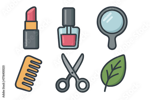 Beauty and self-care icon set with lipstick, nail polish, mirror, comb, scissors, and leaf. Vector cartoon illustration for makeup, cosmetics, manicure, hairdresser, and spa.