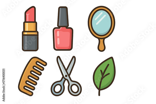 Beauty and self-care vector icon set. Lipstick, nail polish, mirror, comb, scissors for makeup, manicure, haircut. Natural organic cosmetic concept with leaf symbol.