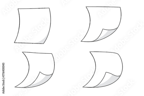 Vector illustration of paper page turning process. Set of blank white sheets with curled corner in sequential steps. Document flip animation. Isolated graphic design element.