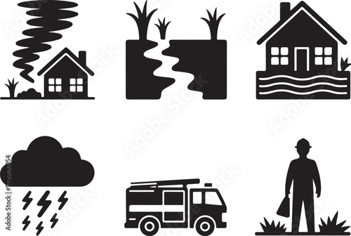 Emergency icons: tornado, flood, storm, fire, rescue
