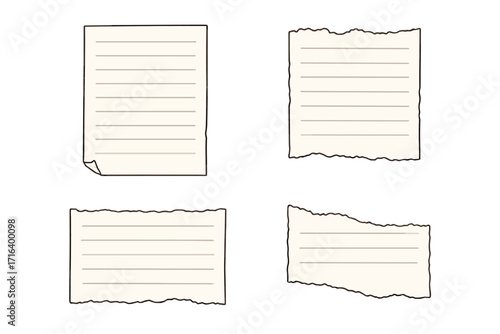 Torn paper vector set. Collection of ripped lined notebook pages and scrap notes. Blank damaged document pieces with ragged edges. Cartoon flat style graphic design elements.