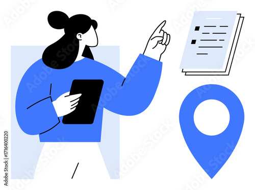 Female character holding tablet, pointing toward checklist, with large location pin. Ideal for tasks, planning, organization, navigation, logistics management productivity. A simple flat metaphor