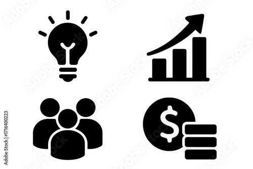 Business icons set for innovation, growth, and finance. Vector glyph symbols for teamwork, success, idea, and investment. Simple silhouette pictograms for strategy.