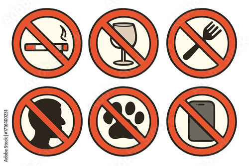 Prohibition sign set vector illustration. Forbidden symbols for public places. No smoking, no food and drink, no alcohol, no pets, no mobile phones, no entry allowed signs.