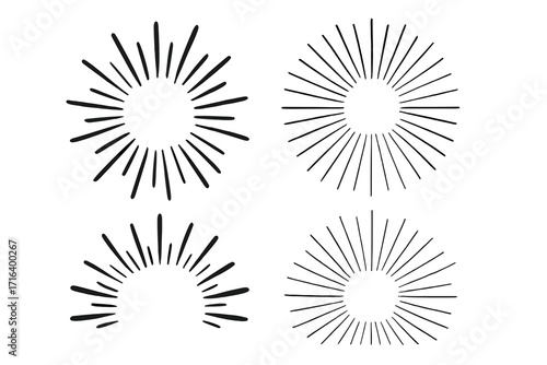 Hand-drawn sunburst vector set. Vintage doodle style ray collection. Sketchy starburst graphic elements. Light burst and sunrise symbols. Retro design icons for explosion effect.
