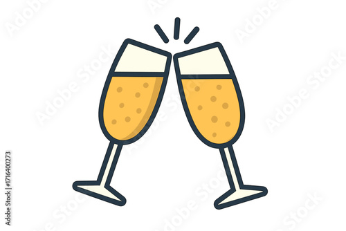 Two clinking champagne glasses vector icon. Flat cartoon illustration for a toast and celebration. Concept for success, wedding, anniversary, birthday or New Year's Eve party.