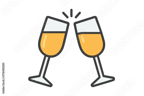 Champagne glasses toasting. Cheers concept with clinking sparkling wine. Vector flat icon for celebration, party, new year, wedding, anniversary. Alcohol drink cartoon.