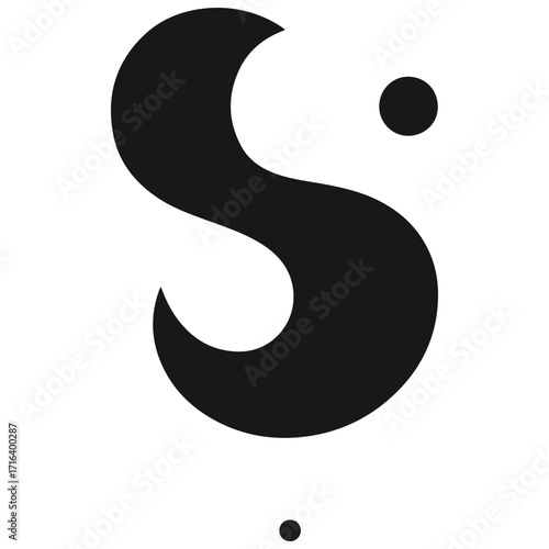 Abstract minimalist black s letter logo with two small dots representing a stylized yin yang symbol on a white background