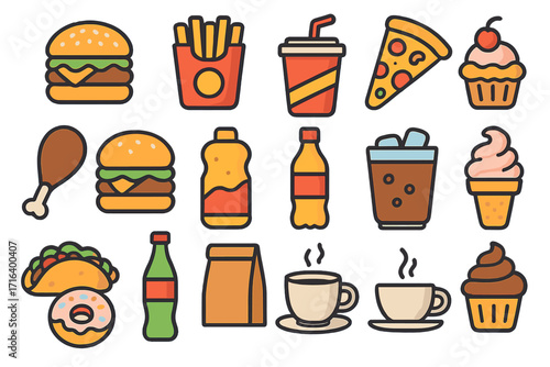 Vector collection of colorful flat fast food icons. Cartoon junk food, drinks, and dessert symbols. Burger, pizza, fries, soda, ice cream, coffee for restaurant menu.