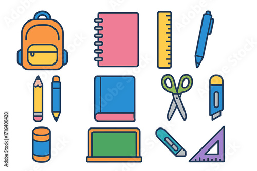 Colorful school supplies icon set. Vector cartoon illustration for back to school & education concepts. Minimalist flat design stationery collection for digital design.