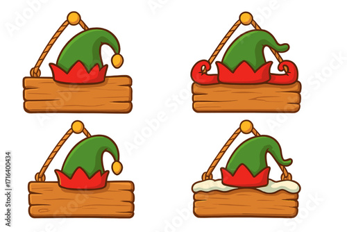 Christmas elf hat on blank wooden sign set. Cartoon vector illustration collection. Empty wood signboard banner for holiday text. Winter festive decoration element with snow.