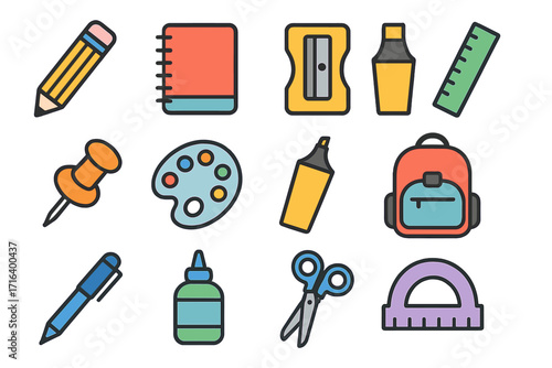Colorful school supplies icon set for education and art projects. Vector back to school stationery elements. Flat cartoon design with pencil, notebook, backpack, scissors.