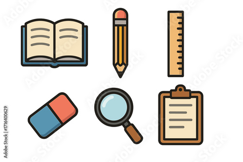 Education tools icon set. School supplies for learning, study. Vector icons of book, pencil, ruler, eraser, magnifying glass, clipboard. Back to school, knowledge, research concept.