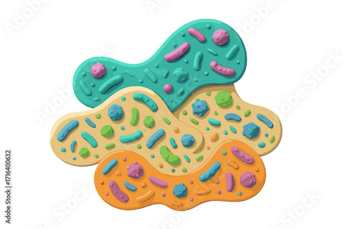 Microbiome 3d vector background. Gut flora, bacteria, and probiotics illustration. Abstract science or medical concept for presentation. Healthy microbiota and prebiotic design.