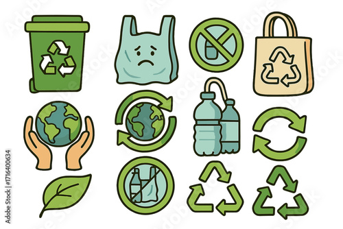 Eco friendly icons for plastic waste reduction and recycling awareness. Vector cartoon set with zero waste and sustainability symbols. Environment conservation concept.
