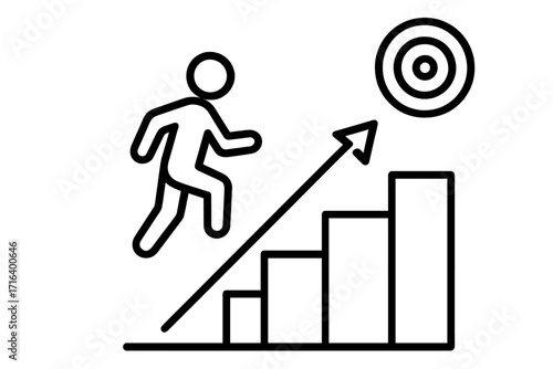 Career ladder growth icon. Man runs up stairs to the target. Business success, achievement, and motivation concept. Personal development and goal reaching vector design.