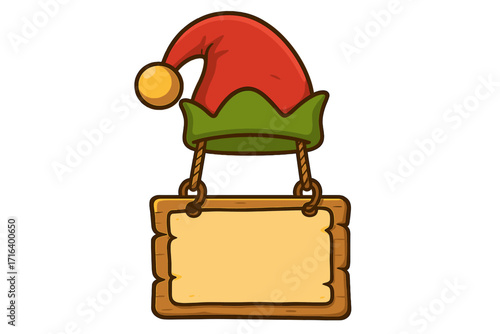 Christmas elf hat on a blank wooden sign. Cartoon vector for holiday text. Empty signboard for greetings. Santa's workshop, North Pole concept. Festive Xmas decoration.