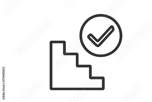 Linear stairs icon with check mark, vector illustration, step design with approval symbol, success concept, simple outline steps graphic, transparent background, order set