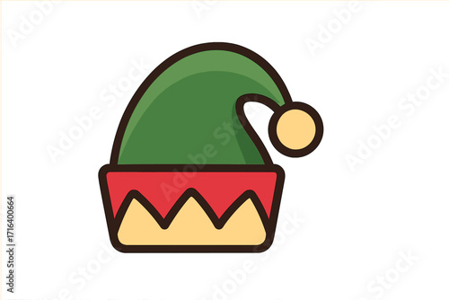 Elf hat icon for Christmas design. Cute cartoon vector illustration of a festive holiday costume accessory. Santa's little helper cap. Xmas graphic element for winter celebration.