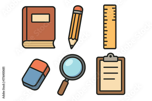 Education tools and school supplies icon set. Vector cartoon illustration of book, pencil, ruler, eraser, magnifying glass, clipboard. Back to school learning stationery concept.