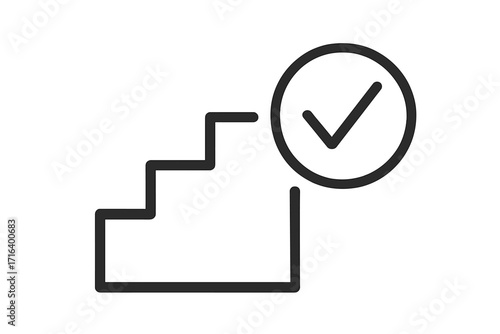Linear style stairs icon with check mark, success symbol, upward steps, achievement concept, progress illustration, approval sign, minimal vector cartoon design