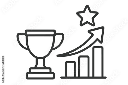 Success icon linear style with trophy, rising bar chart, growth arrow, star achievement symbol, business progress, performance, upward trend, vector cartoon illustration transparent background