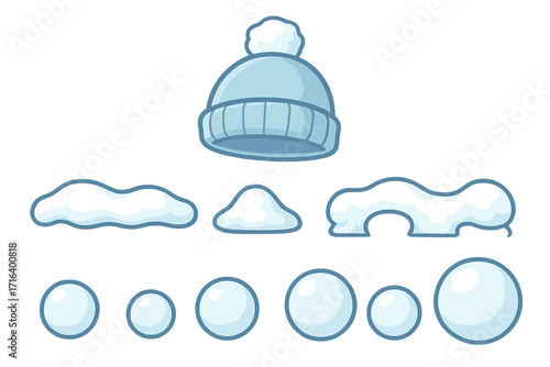 Winter snow cap and snowball collection, cartoon style winter decoration set with transparent background, vector illustration, winter elements, snow shapes and balls