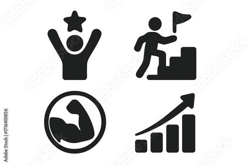 Success icon set in silhouette style with growth, achievement, strength, progress, and motivation symbols, vector cartoon illustration with transparent background for business and personal development