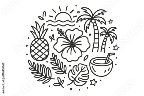 Aloha Hawaii tropical paradise icon set. Summer vacation symbols in circle shape. Line art vector illustration with pineapple, hibiscus, palm tree, coconut drink, and sun.