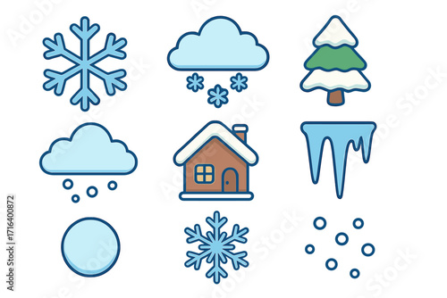 Winter snow icon set with snowflakes, snow cloud, snowy pine tree, icicle, snowball, and cozy house. Flat style vector cartoon illustration, transparent background, seasonal decoration elements.