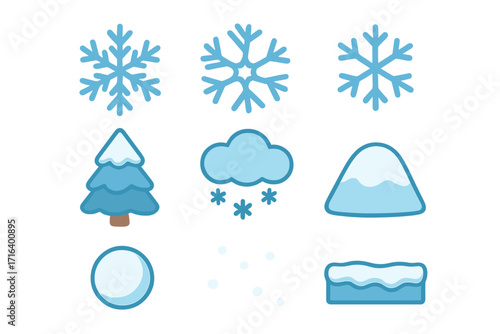 Winter snowflake icons set, flat style vector cartoon illustration with snow-covered pine tree, snow cloud, snow mound, snowball, and snow drift designs with transparent background