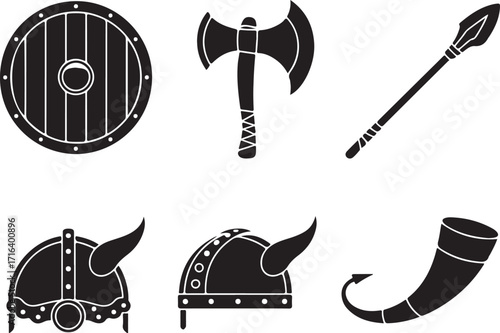 Viking warrior gear shield axe spear helmets horn