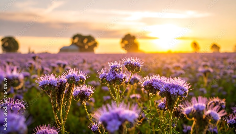 Fototapeta premium Vibrant purple flowers field at sunset