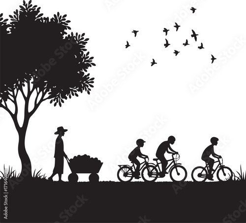 Silhouette of children riding bicycles and person with cart under tree