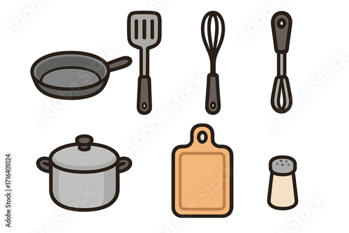 Kitchen utensils and cookware icon set. Vector illustration in flat cartoon style. Includes pan, pot, spatula, whisk, cutting board, shaker. Culinary equipment for cooking.