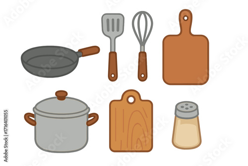 Kitchen utensils set for cooking. Flat cartoon vector illustration with pan, pot, spatula, whisk, cutting board, salt shaker. Culinary equipment icons for food preparation.