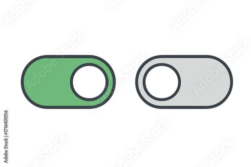 Toggle switch on and off buttons with green active and grey inactive states, vector cartoon illustration, UI control elements, tech icon set with transparent background