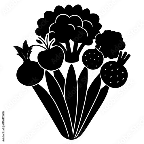 Black silhouette of broccoli and root vegetables with leaves