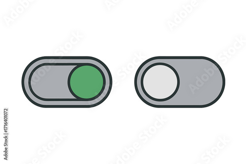 Toggle switch on and off buttons, vector cartoon illustration with grey background, modern UI design, on/off toggle set with transparent backdrop, digital interface elements