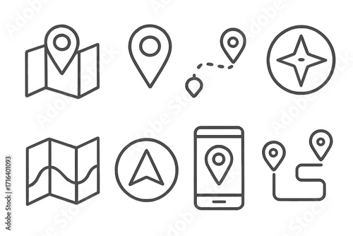 Travel icons set with map location pins, navigation arrows, compass, GPS markers, route paths, mobile location interface, linear style vector cartoon illustration, transparent background