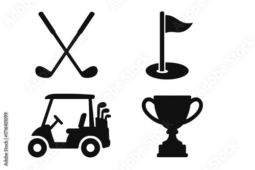 Golf icon set with clubs, flag in hole, cart, and winner trophy. Vector silhouette illustration for sports, tournament, and championship design. Simple black equipment symbols.
