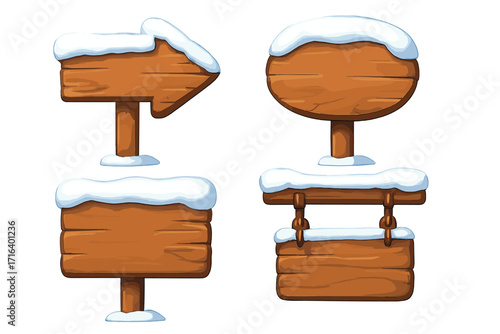 Wooden signboard set with snow cap, cartoon style vector illustration, rustic wooden signs in various shapes, winter snowy theme, blank message boards, forest signage collection