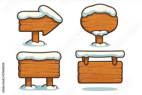 Wooden signboard symbols with snow, rustic winter wood direction and message boards, cartoon style vector illustration, transparent background, seasonal rustic forest signs set
