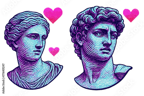 Vaporwave greek statues couple in love. Valentine's Day cyberpunk design with antique roman sculptures. Renaissance man and woman heads with hearts in y2k linear style.