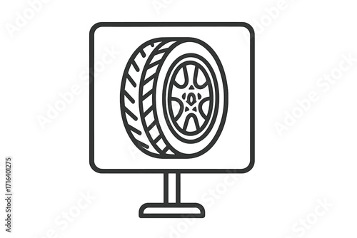 Wheel and tire icon linear vector sign, automotive car wheel symbol, vehicle tire illustration, auto service, transport spare part isolated design, black outline graphic