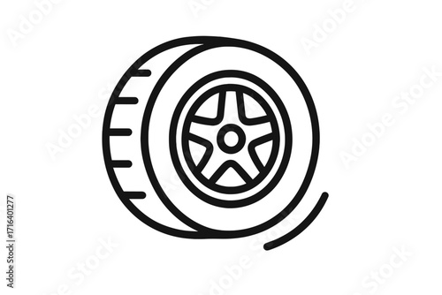 Wheel and tire icon, linear style vector illustration, car wheel rim with tire, automotive design element, isolated transparent background, vehicle parts icon set, transport symbol