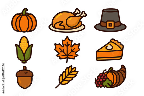 Thanksgiving holiday icon set with turkey, pumpkin, pie, corn, acorn, maple leaf, pilgrim hat, wheat and cornucopia, fall harvest symbols, flat style vector cartoon illustrations