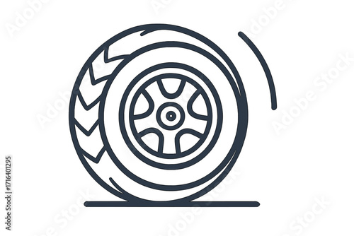 Vector wheel tire icon, linear style, detailed car wheel and tire illustration, automotive spare part, vehicle rim and tread design, transparent background, isolated car accessory symbol
