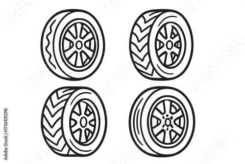 Vector set of car wheels and tires icons, linear style, detailed cartoon illustration with transparent background, automotive parts collection, tire treads designs, vehicle maintenance symbols